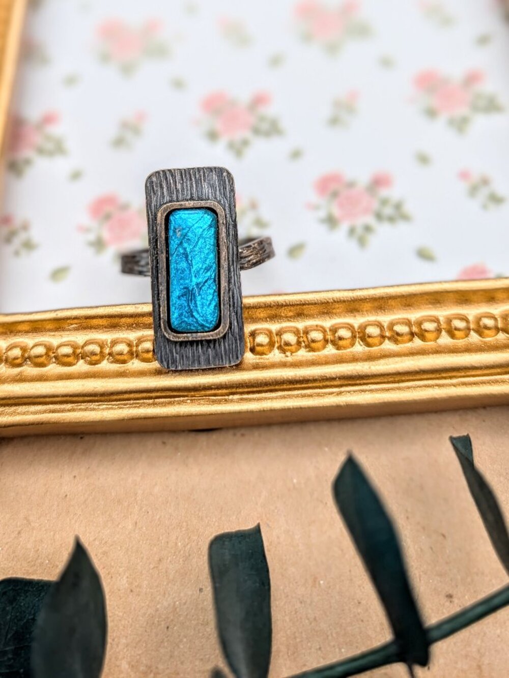 Vintage Boho Brass Tone Costume Ring w/ Pretty Pearly Blue Cabochon, Adjustable